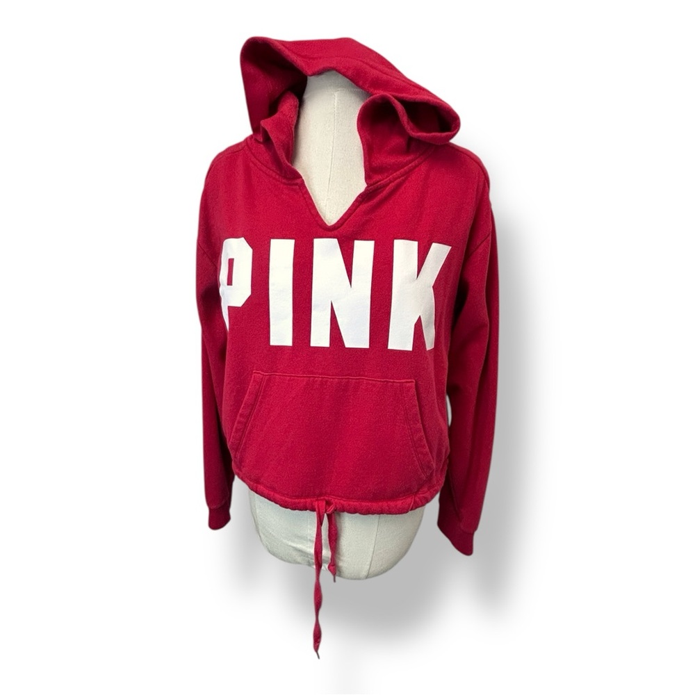 PINK Victoria's Secret Women’s Split Neck Cropped Logo Hoodie Sweatshirt Red M